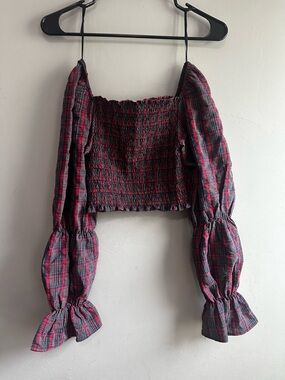 Zara Red and Black Plaid Smocked Crop Blouse